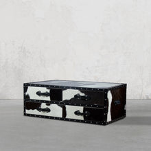 Load image into Gallery viewer, Vintage Streamer Trunk Coffee Table in Hair-on with Glass Top