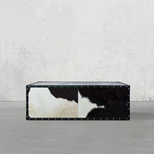 Load image into Gallery viewer, Vintage Streamer Trunk Coffee Table in Hair-on with Glass Top