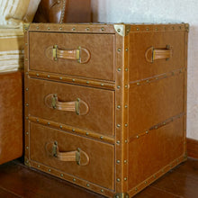 Load image into Gallery viewer, Vintage Streamer Trunk Bed Side Table - Vintage Tan