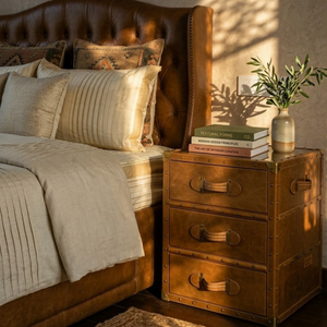 Vintage Streamer Trunk Bed Side Table - Vintage Tan