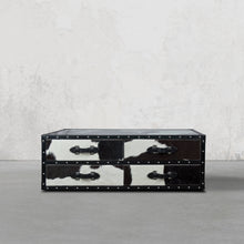 Load image into Gallery viewer, Vintage Streamer Trunk Coffee Table in Hair-on with Glass Top
