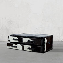 Load image into Gallery viewer, Vintage Streamer Trunk Coffee Table in Hair-on with Glass Top
