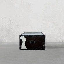 Load image into Gallery viewer, Vintage Streamer Trunk Coffee Table in Hair-on with Glass Top
