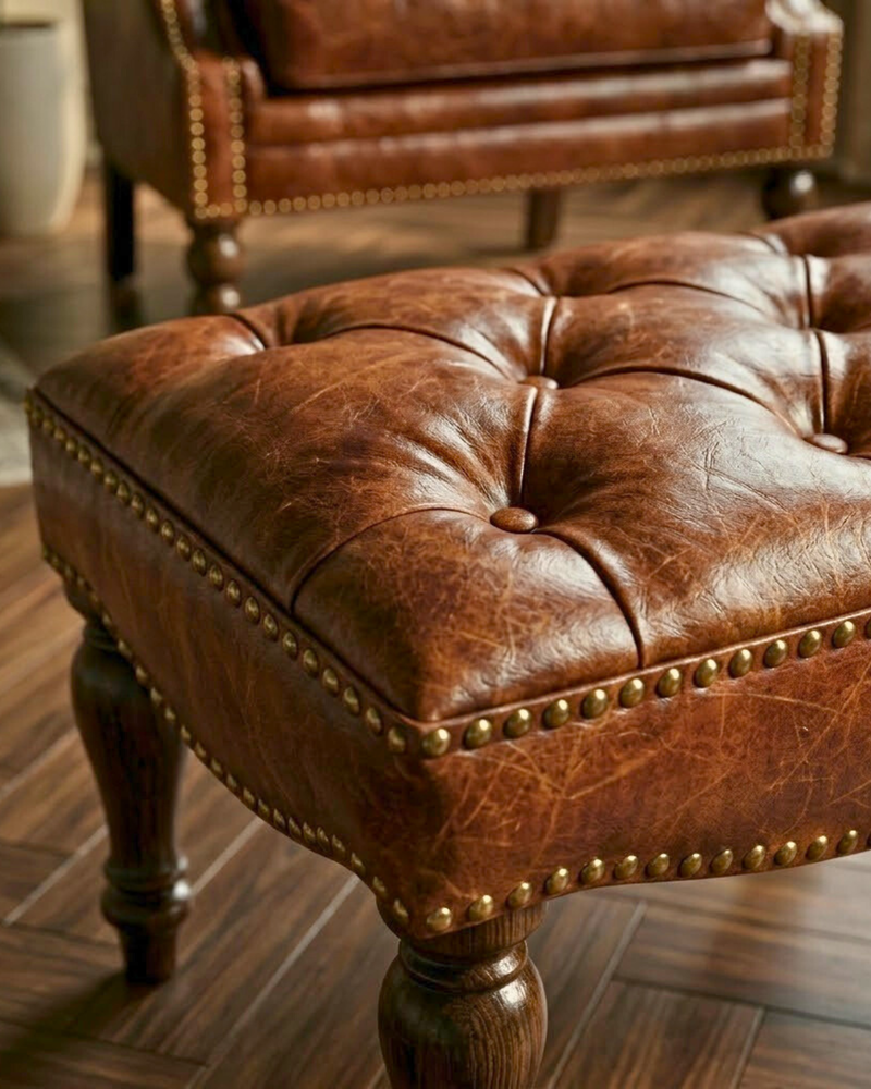 Churchill Leather Foot Stool in Brown Two Tone