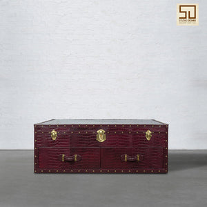 Vintage Trunk Coffee Table with Glass Top - Burgundy