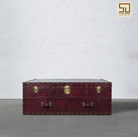 Vintage Trunk Coffee Table with Glass Top - Burgundy