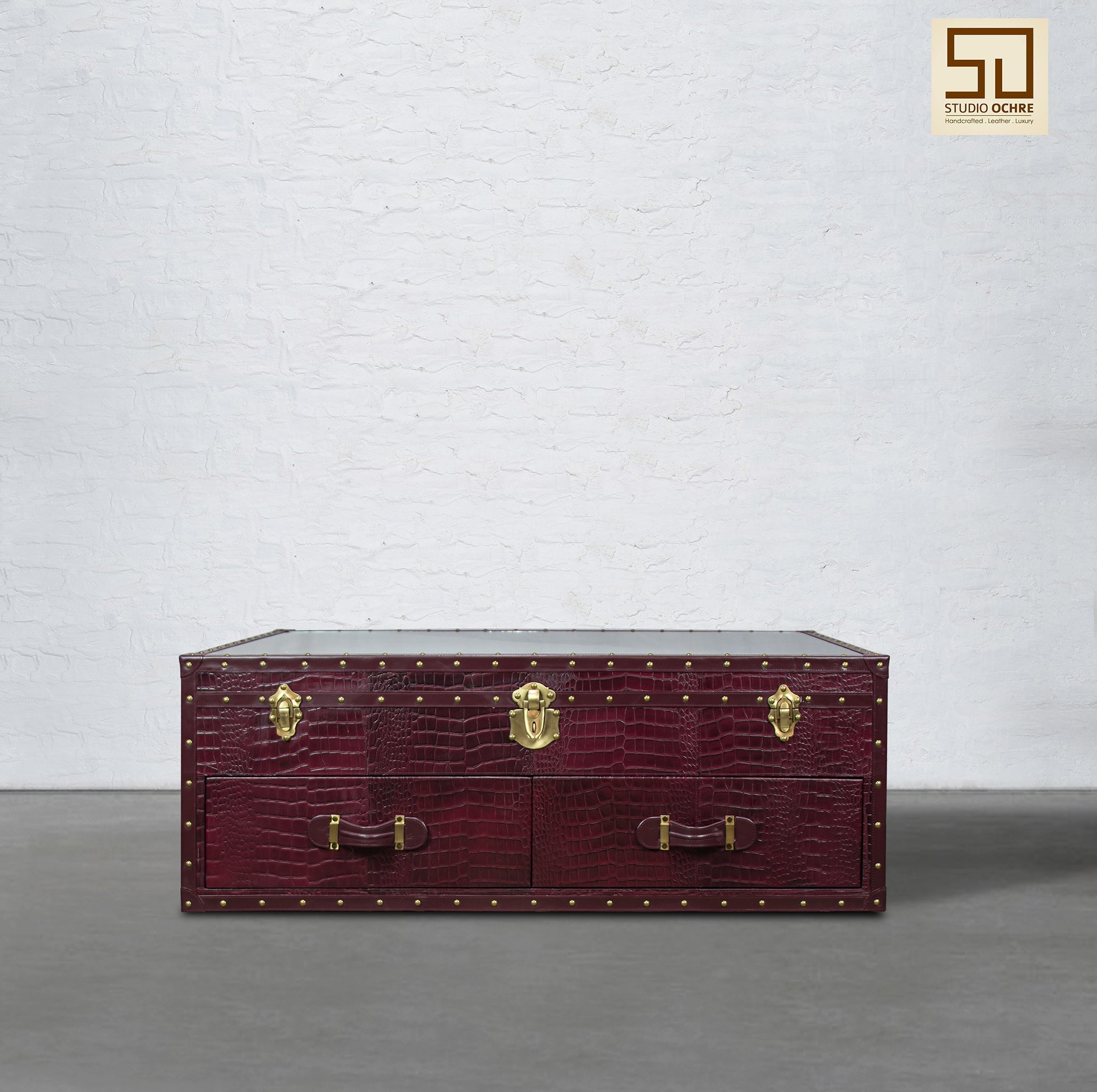 Vintage Trunk Coffee Table with Glass Top - Burgundy