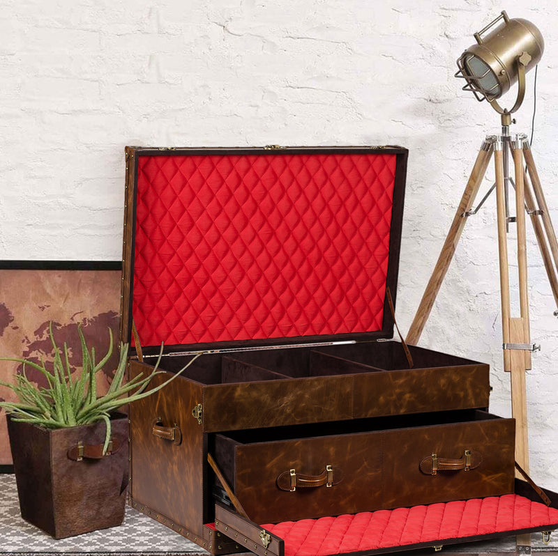 Leather Vintage Streamer Trunk Coffee Table