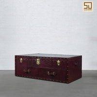 Vintage Trunk Coffee Table with Glass Top - Burgundy