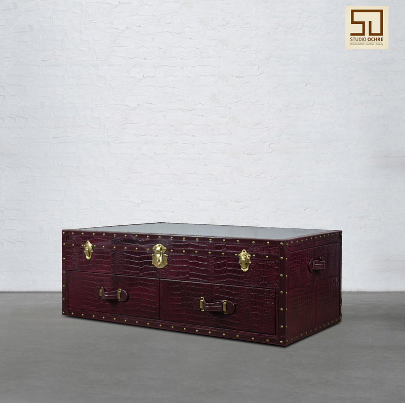 Vintage Trunk Coffee Table with Glass Top - Burgundy