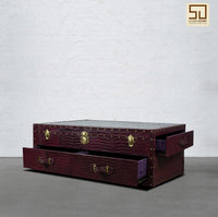 Vintage Trunk Coffee Table with Glass Top - Burgundy