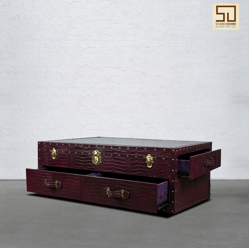 Vintage Trunk Coffee Table with Glass Top - Burgundy