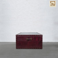 Vintage Trunk Coffee Table with Glass Top - Burgundy