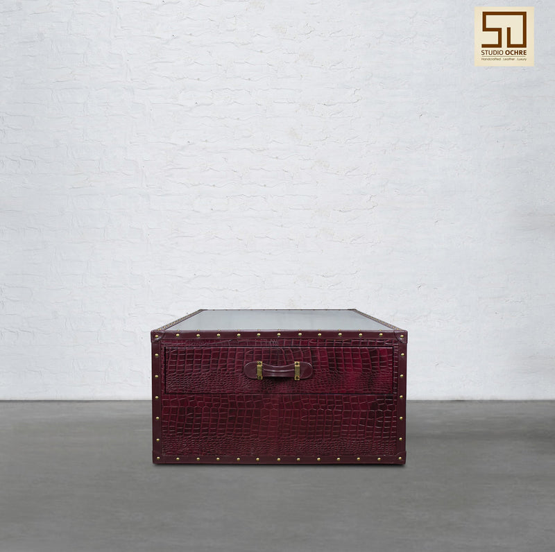 Vintage Trunk Coffee Table with Glass Top - Burgundy