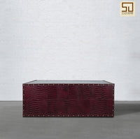 Vintage Trunk Coffee Table with Glass Top - Burgundy