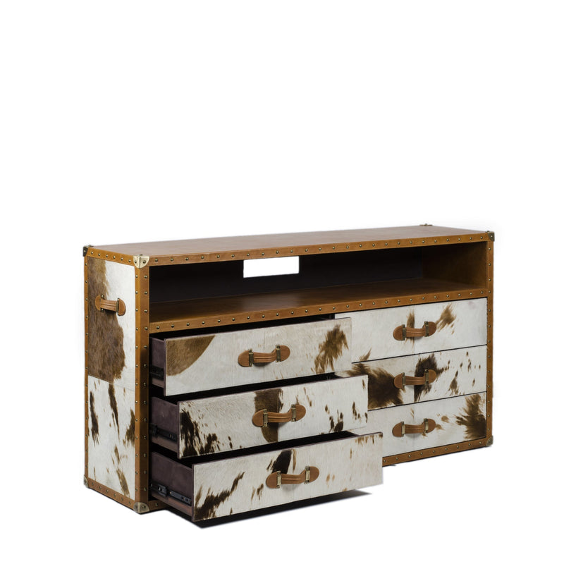 Vintage Trunk Chest of Drawers cum TV Unit - Natural Hair-on
