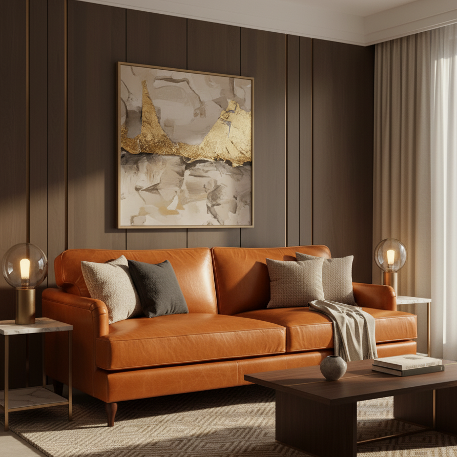 Lancashire Round Arm Three Seater Leather Sofa