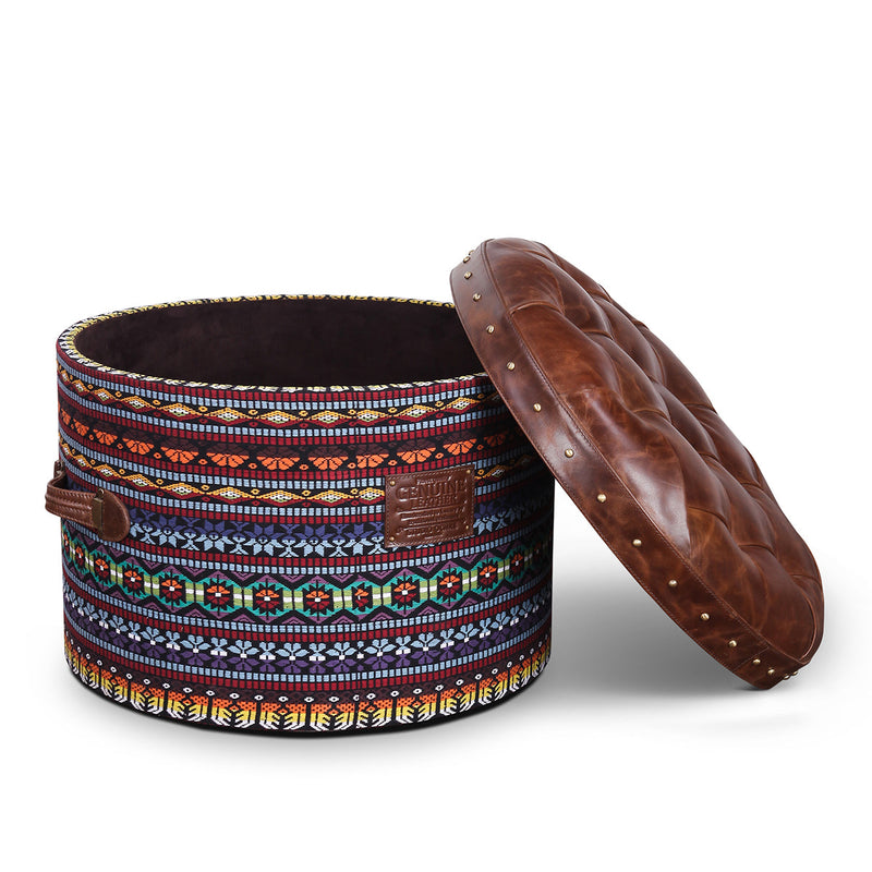 Traditional Multicolor Textile Round Pouffe