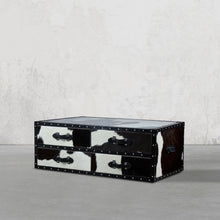 Load image into Gallery viewer, Vintage Streamer Trunk Coffee Table in Hair-on with Glass Top
