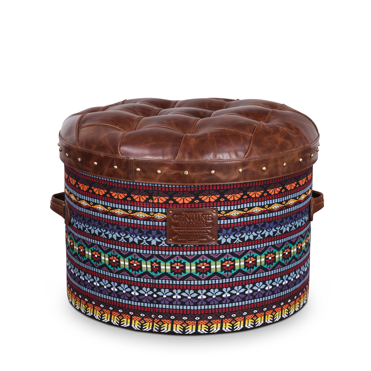 Traditional Multicolor Textile Round Pouffe